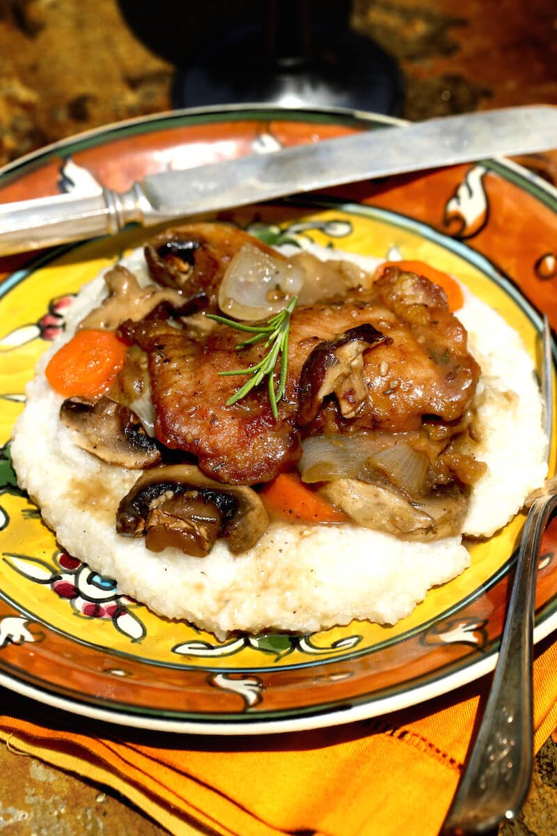 Chicken and Mushroom Recipe over Cheesy Grits, by Stacy Lyn Harris from her Harvest Cookbook