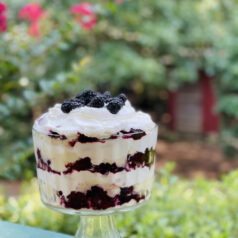 Blackberry trifle in fancy clear dish