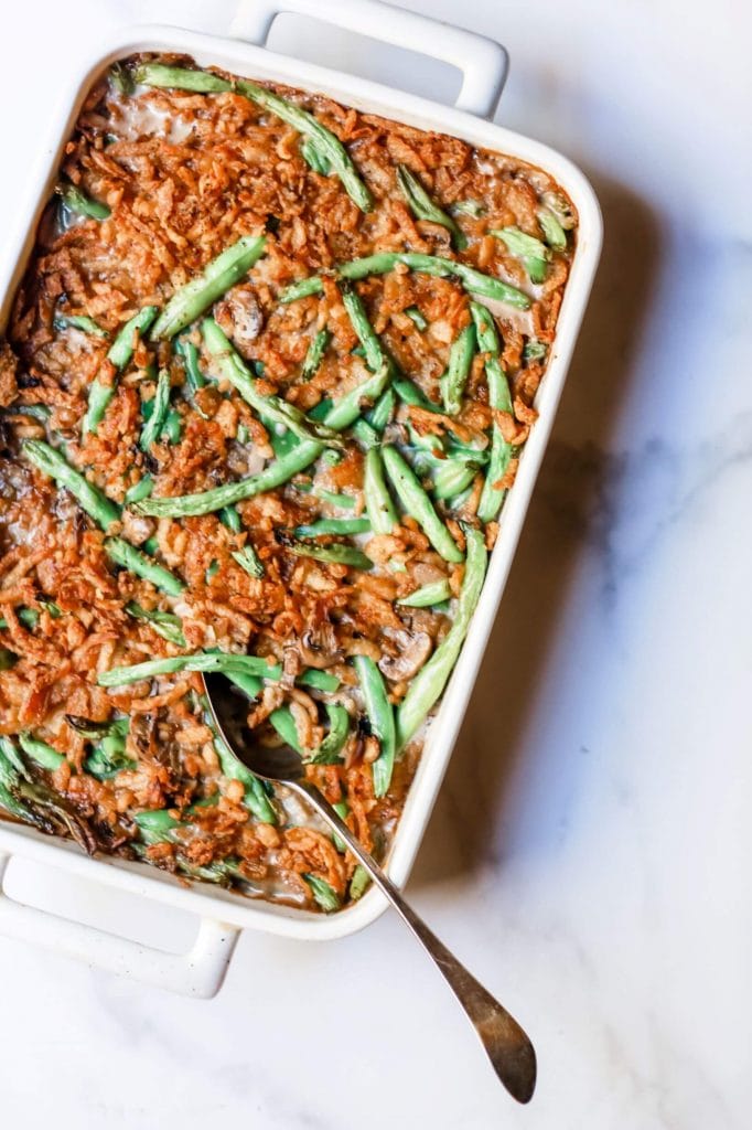 Photo of a pan or tray of green bean casserole, from Stacy Lyn Harris's recipe for "Green Bean Casserole" Christmas 2019