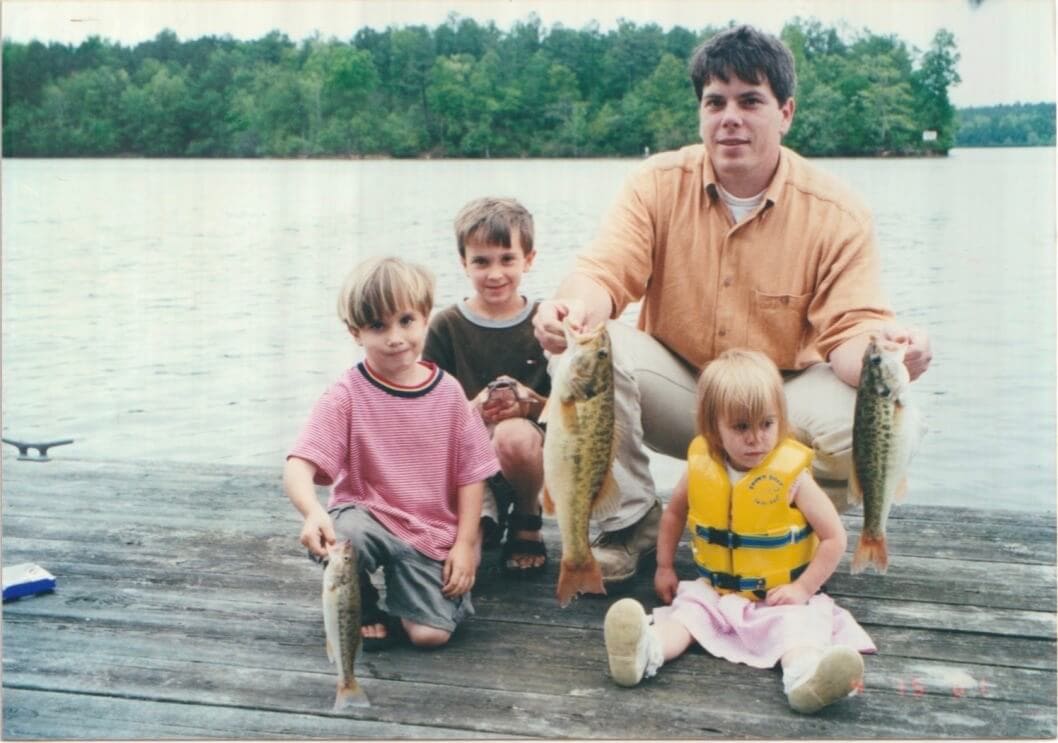 Scrapbook photos of Stacy Lyn Harris's children when they were young, scott and kids fishing on the pier