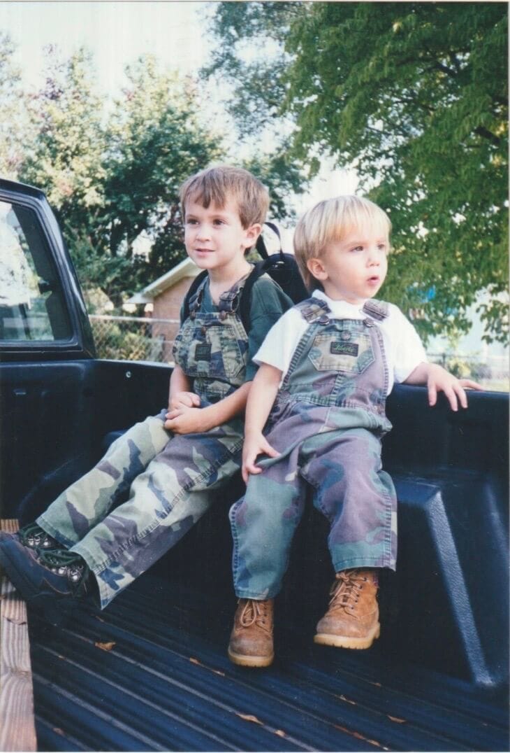 Scrapbook photos of Stacy Lyn Harris's children when they were young, sons hanging out in the truck