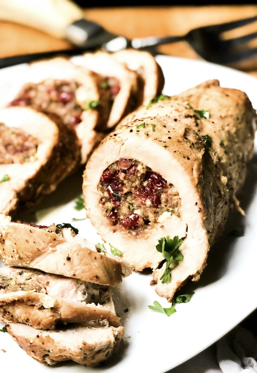 Stuffed Turkey Breast on White Plate - Close up of stuffing