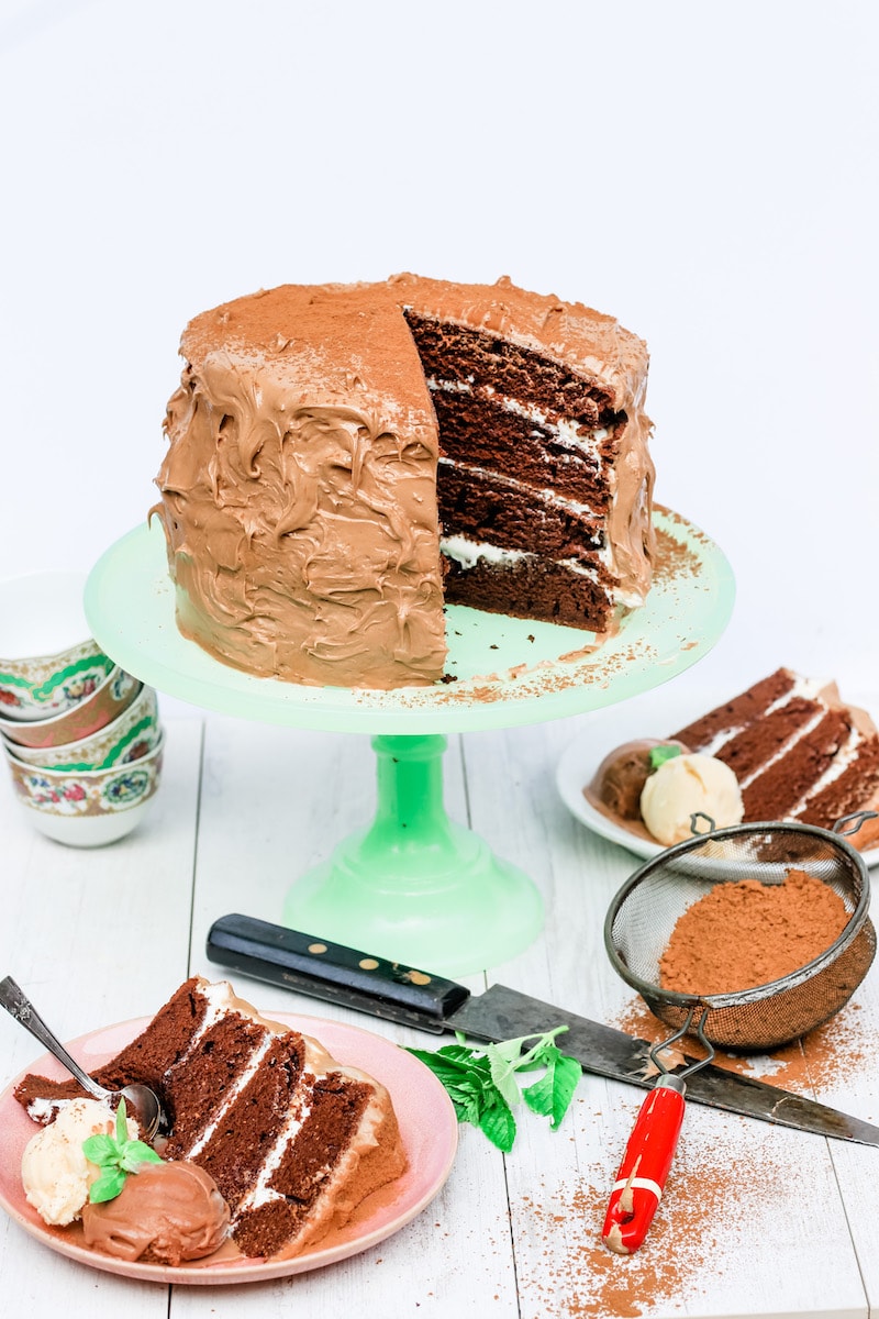 Cappuccino Cake with Buttercream Layers and Cappuccino Cake on a green cake stand with pink plates with sliced cake and chocolate ice cream and a stack of coffee cups on the left side and cocoa powder on the right