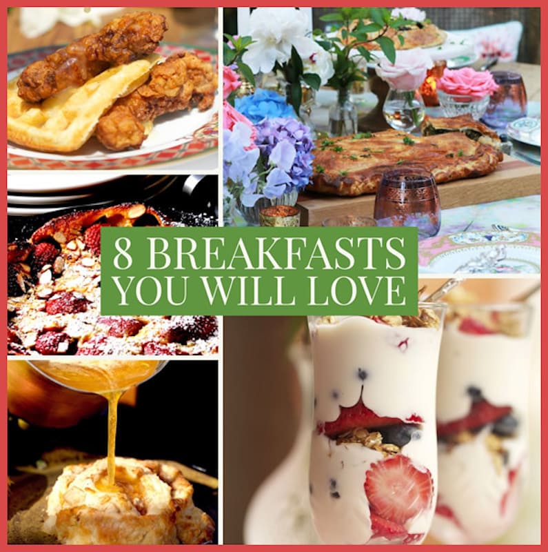 Photo of 5 beautiful breakfast dishes including rabbit and waffles, yogurt parfait, kale pastry, butter syrup pouring over an apple biscuit and more