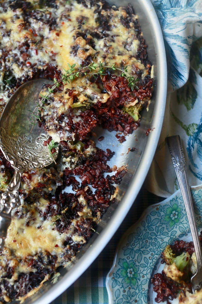 Broccoli Cheese Wild Rice in copper pot with stainless spoon