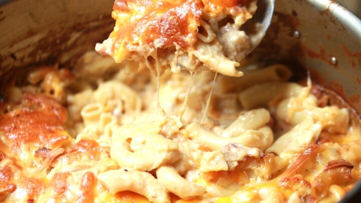 Copper pot of Mac and Cheese with crawdads