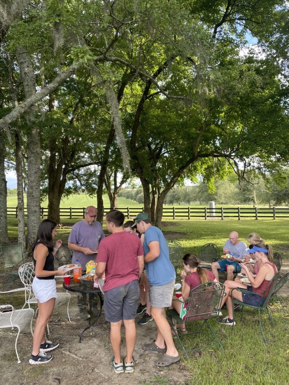 family outdoor dinner with fried chicken and pineapple pie