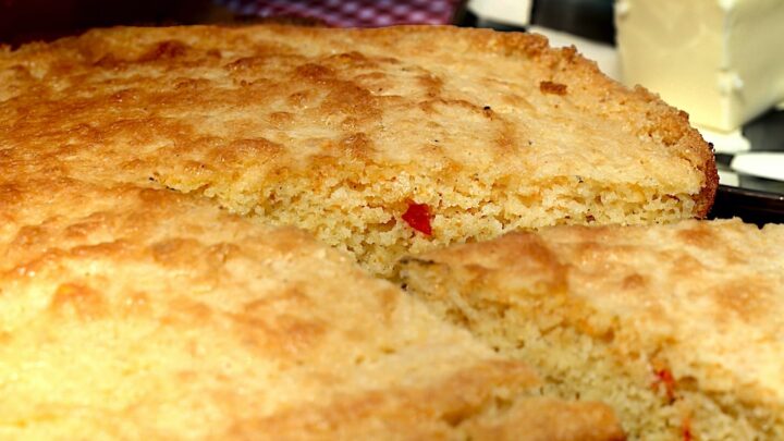 Jalapeno cornbread slice from cast iron skillet