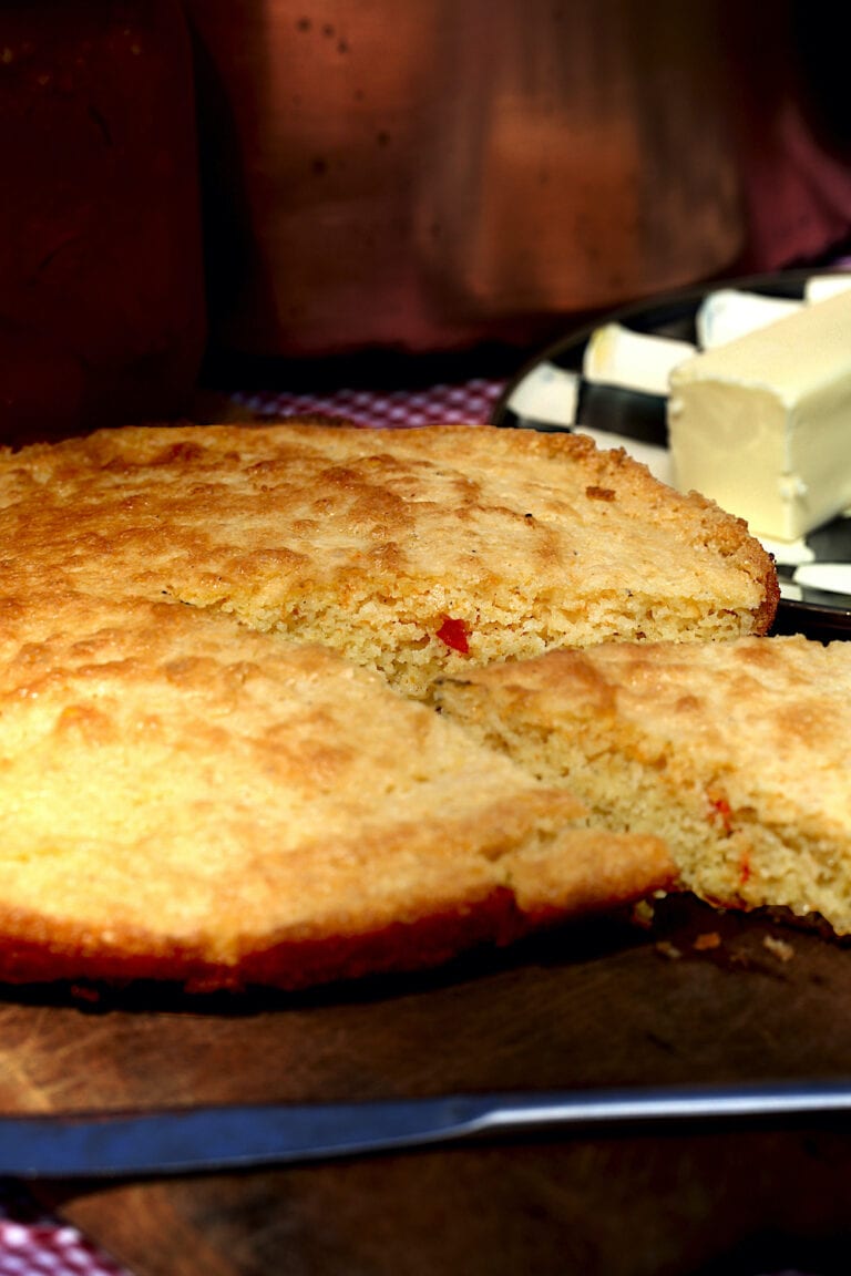 Jalapeno cornbread slice from cast iron skillet