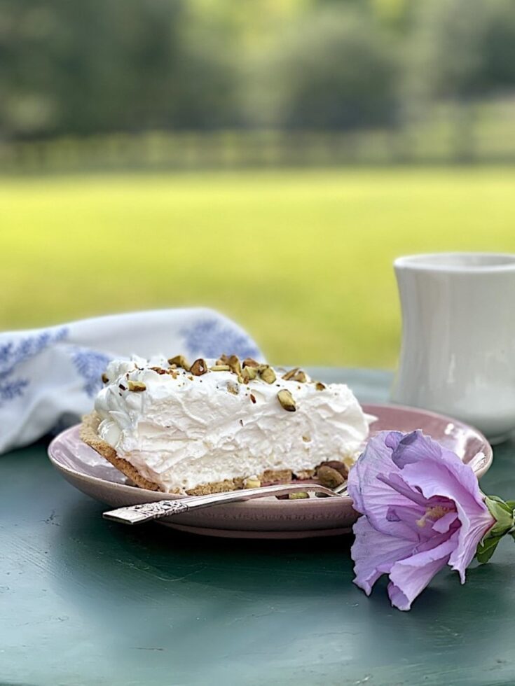 Pineapple pie on green table with silver fork outside