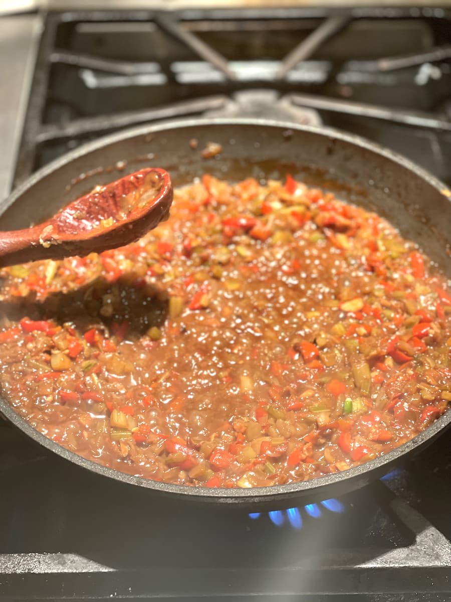sauteed vegetable mixture in pan 