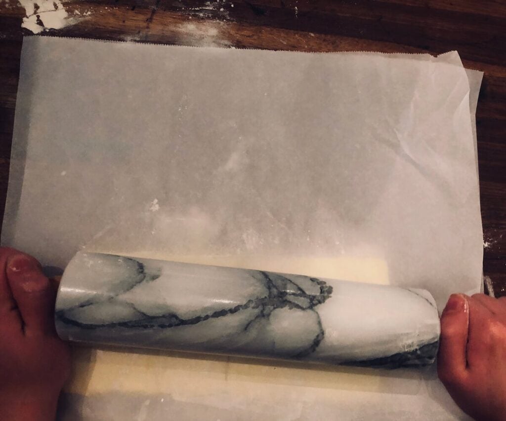 Roll the butter into a flat sheet with a rolling pin and refrigerate for at least an hour.