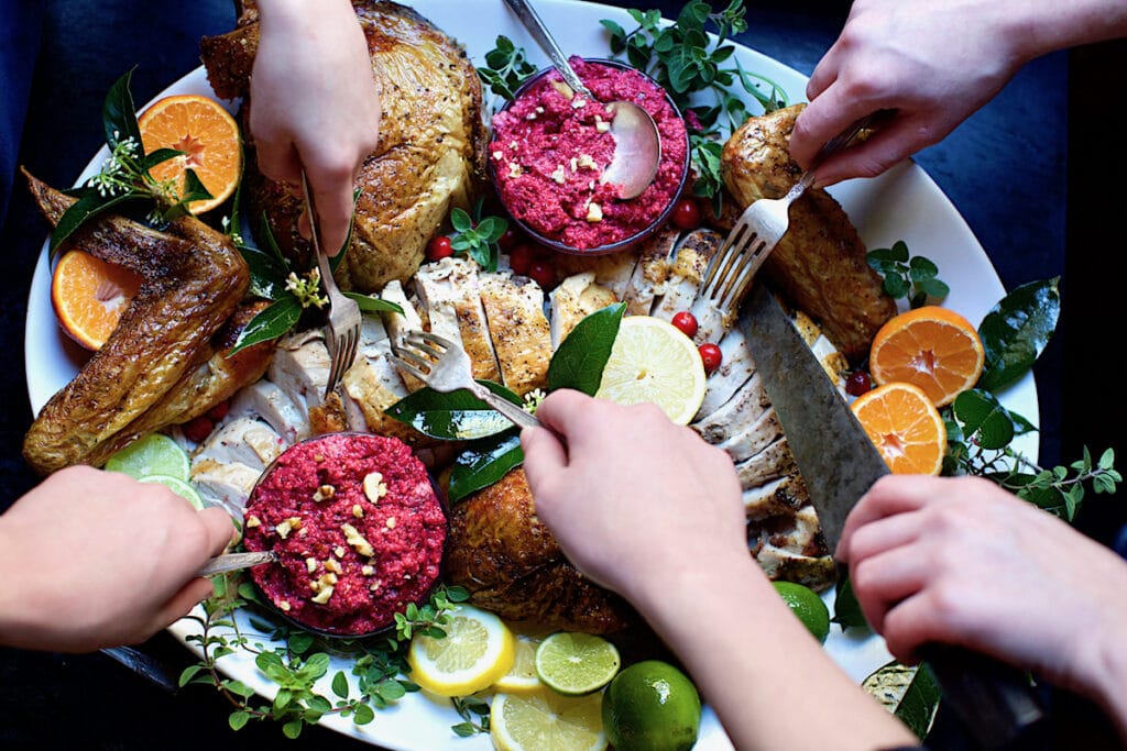 turkey platter with Thanksgiving sides