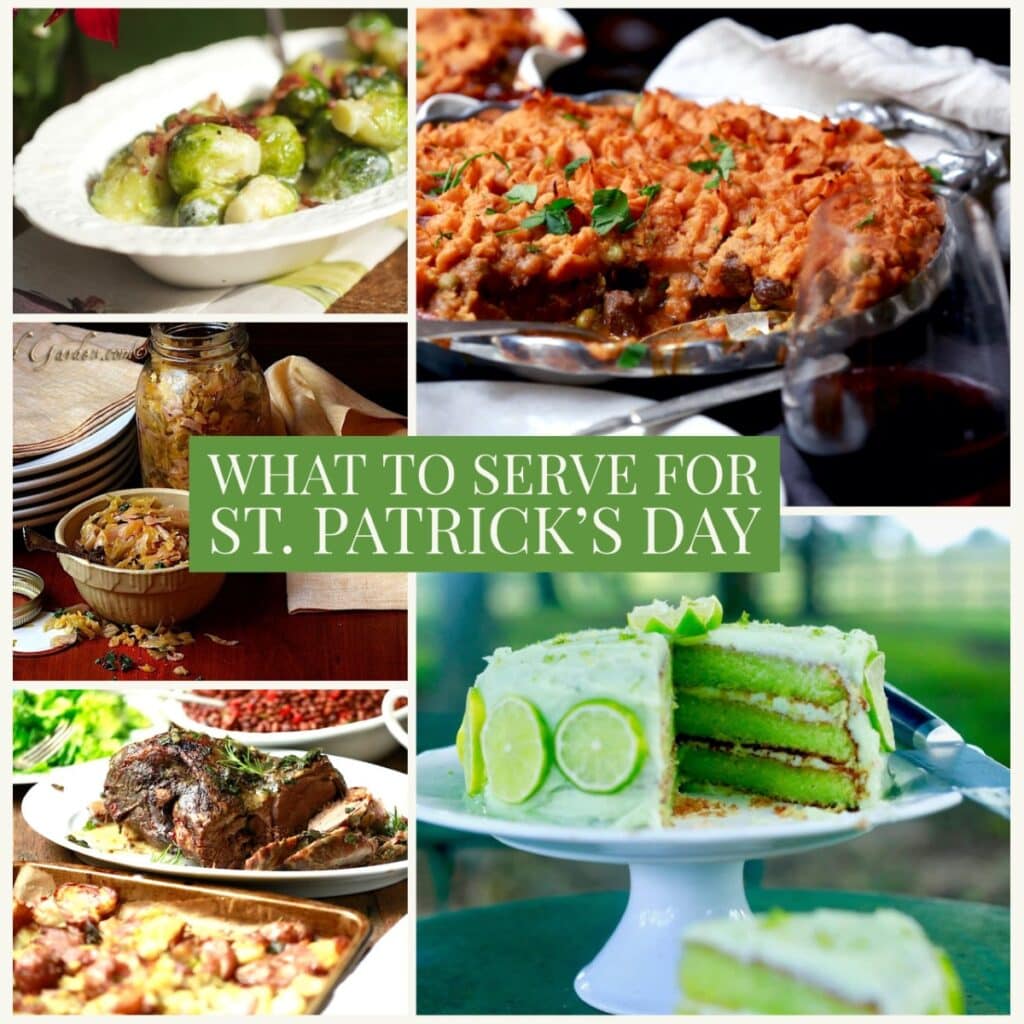 Montage of St. Patrick's Day meal: shepherd's pie, green vegetables, green cake