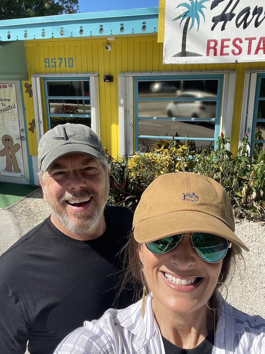 Scott and Stacy Lyn in front of Harriet's restaurant in Key Largo, Florida