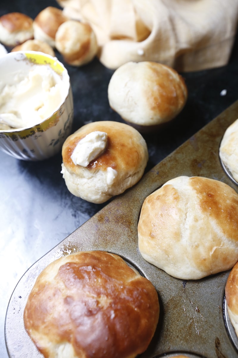 Close shot of yeast rolls in muffin pan