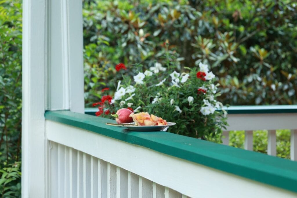 distant shot of plate of peach pie on porch railing with a fresh peach