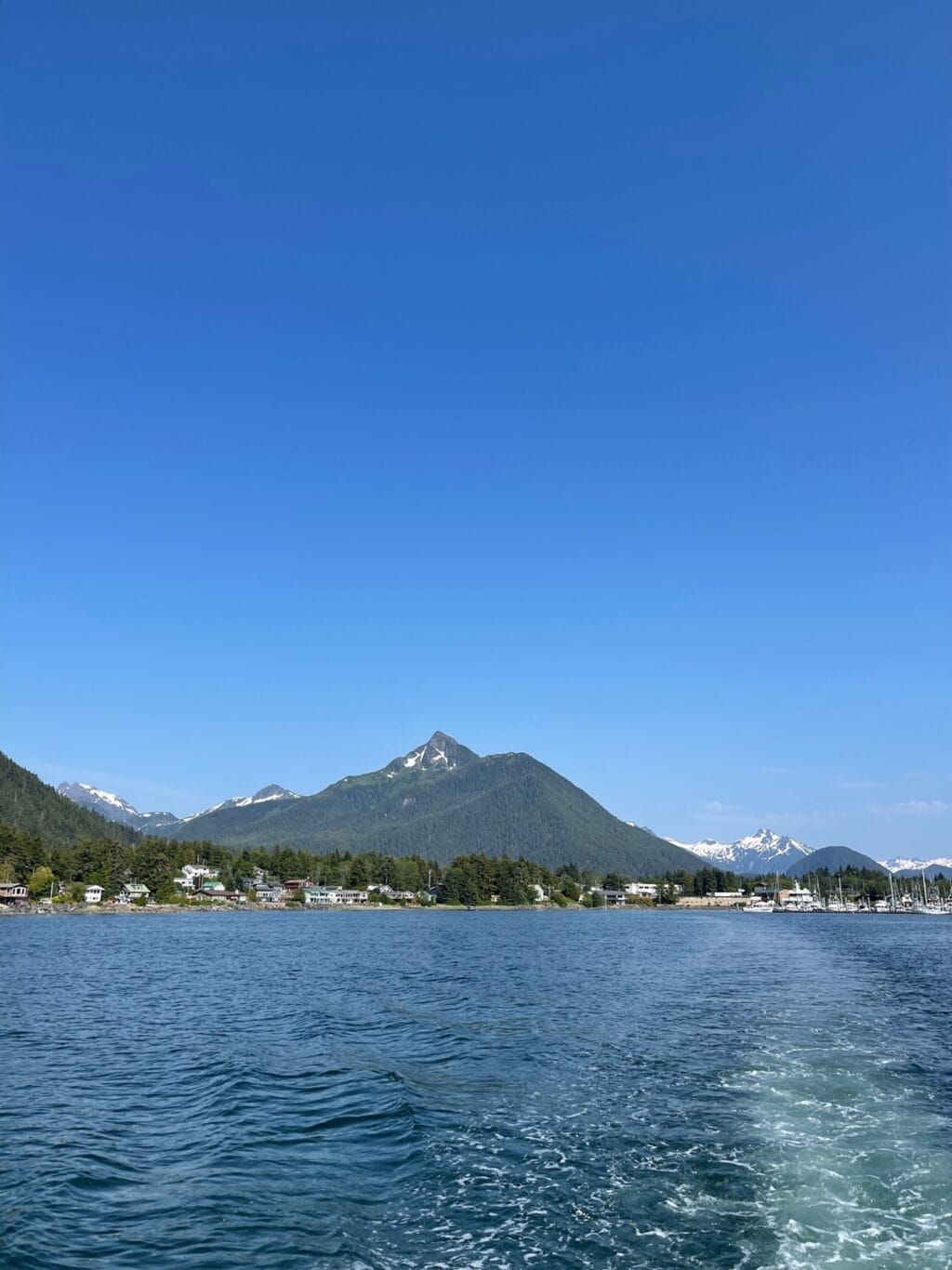 view from boat leaving Sitka Alaska to reach Talon Lodge.