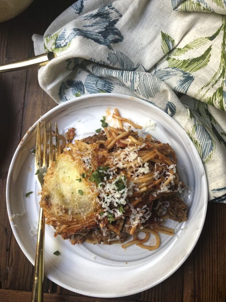 serving of baked cream cheese spaghetti on a plate