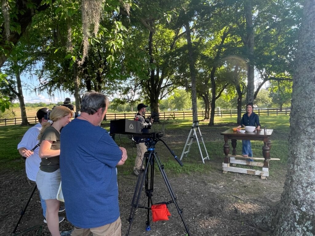 Sporting Chef filming outdoors in Stacy Lyn's yard with Scott Leysath