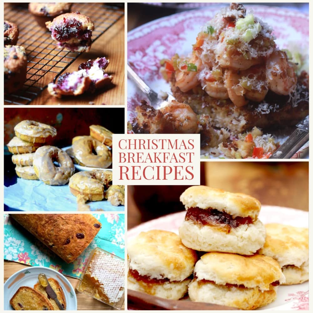 Christmas breakfast recipes: montage of 5 holiday breakfast dishes - shrimp and grits, turkey biscuits, muffins, donuts, cranberry bread