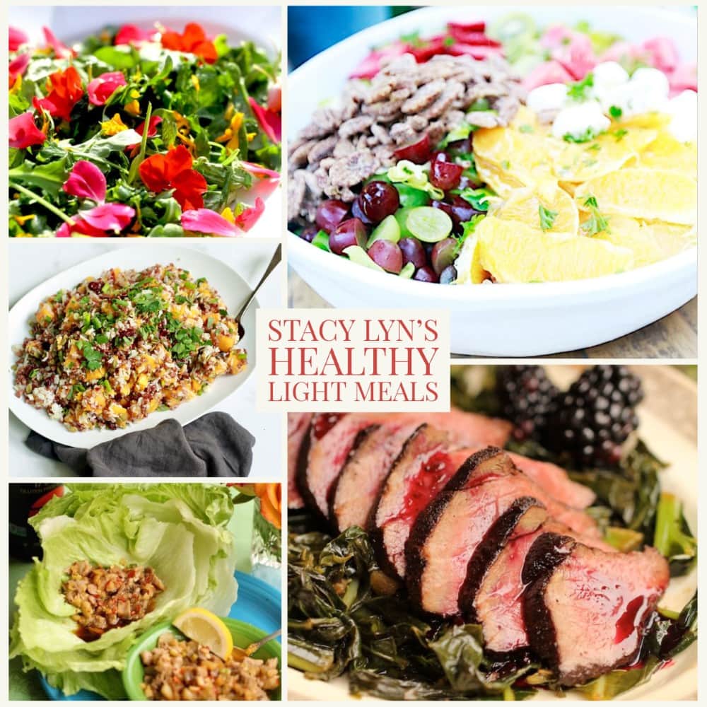 montage of five light, healthy meals - chopped salad with fruit, cocoa venison, herb salad, rice with butternut squash, quail lettuce wraps