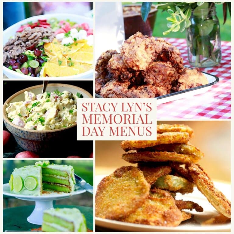 Memorial Day menu montage with helpings of fried chicken, fried green tomatoes, chopped salad with fresh fruit, potato salad, and key lime cake