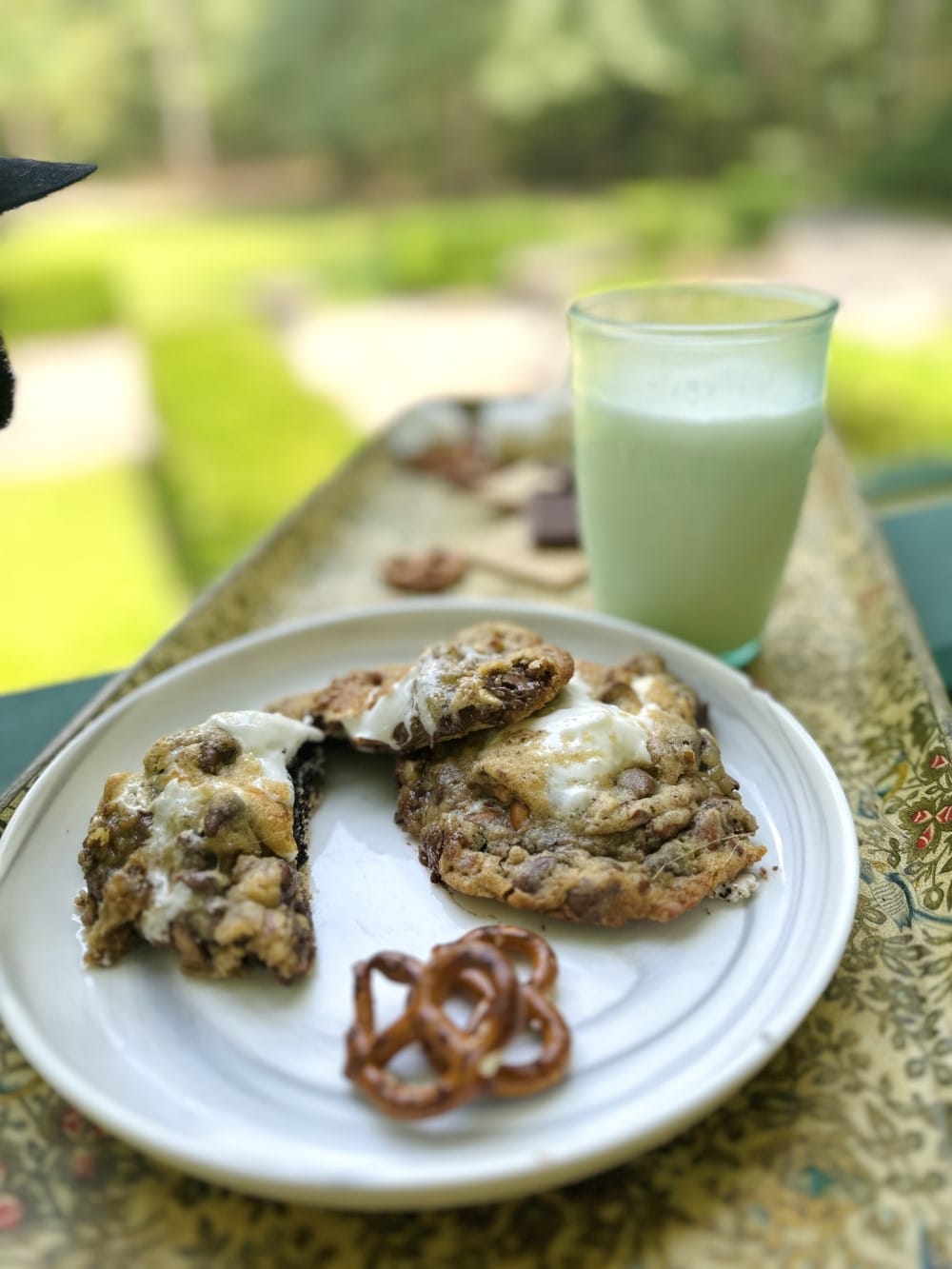 White plate on floral tray with melty, marshmallow-covered cookies made from Stacy Lyn's s'mores cookie recipe and a pretzel - glass of milk in background