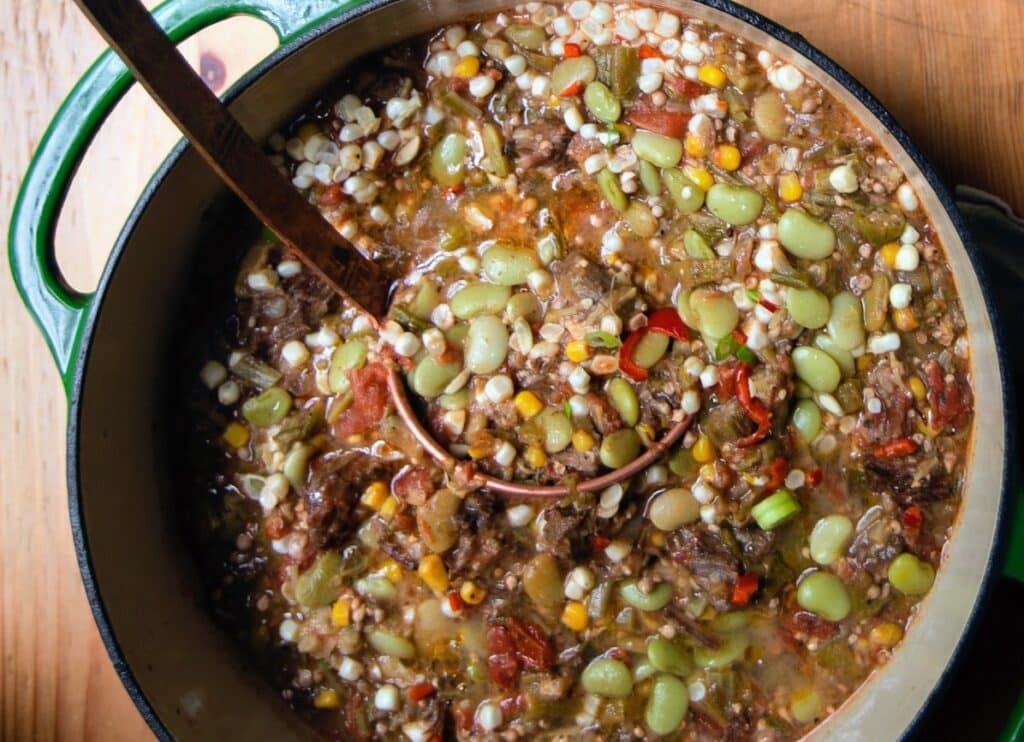 closeup of Stacy Lyn's beef vegetable soup in Dutch oven with ladle