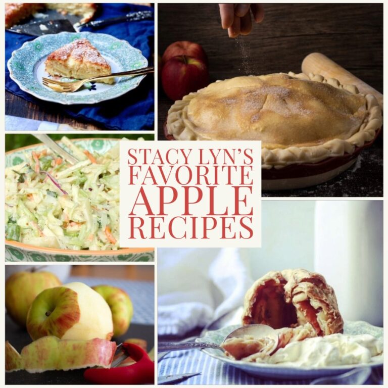 Montage of food with label, Stacy Lyn's Favorite Apple Recipes. Includes French apple cake, apple pie, apple dumplings, coleslaw, and partially peeled apple for apple cider vinegar.