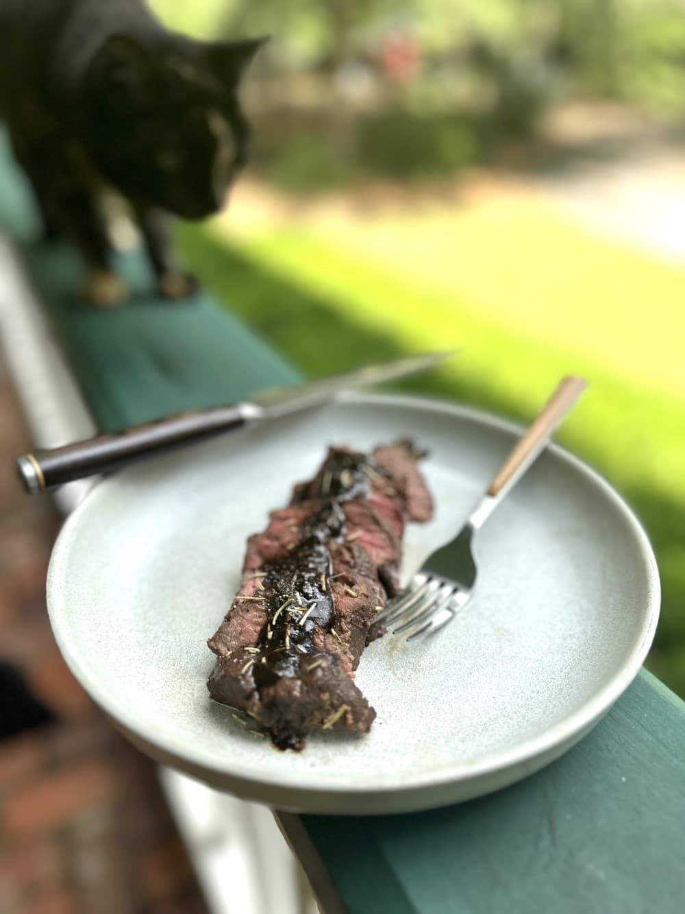 venison medallions on white plate resting on porch railing with interested cat creeping forward on railing in background
