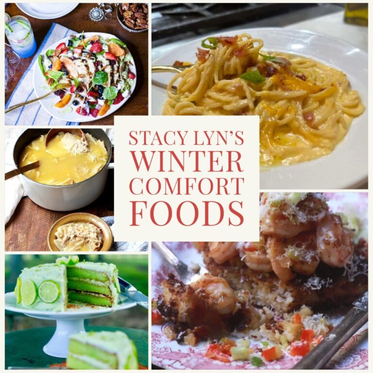 montage of winter comfort food - mac and cheese spaghetti, shrimp and grits, chicken salad, chicken and dumplings, key lime cake