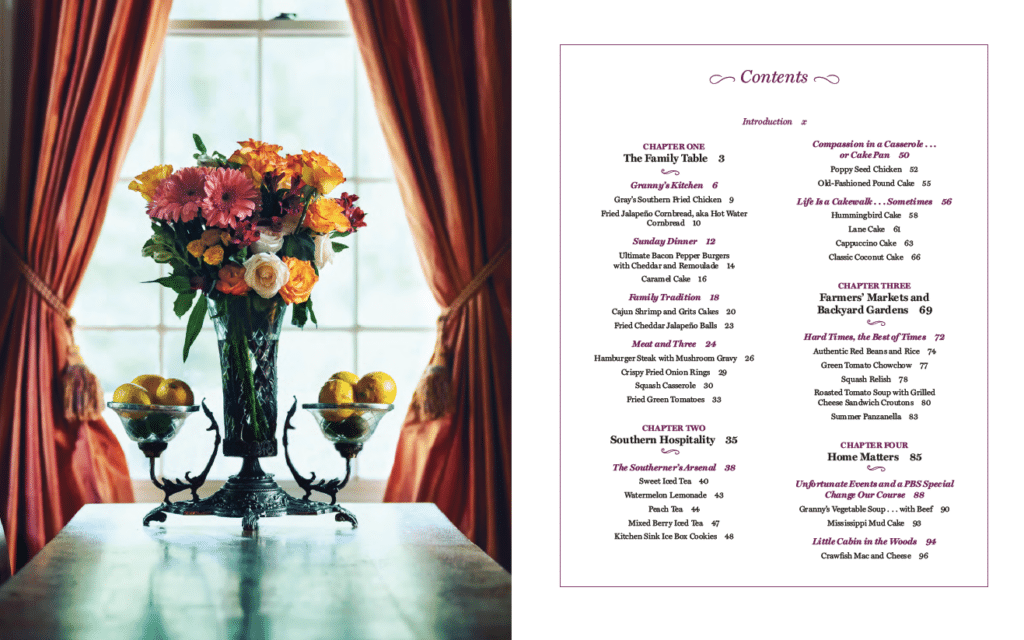 Table of Contents spread for Stacy Lyn Harris's Love Language of the South with TOC alongside flower arrangement on dining room table