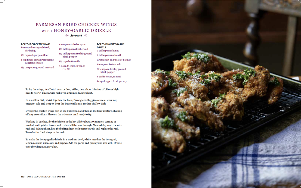 book spread with fried_chicken_wings_recipe and photo from Love Language of the South by Stacy Lyn Hrris