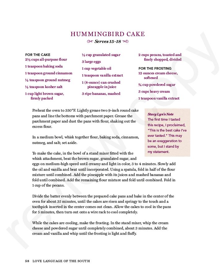 recipe for hummingbird cake in Love Language of the South