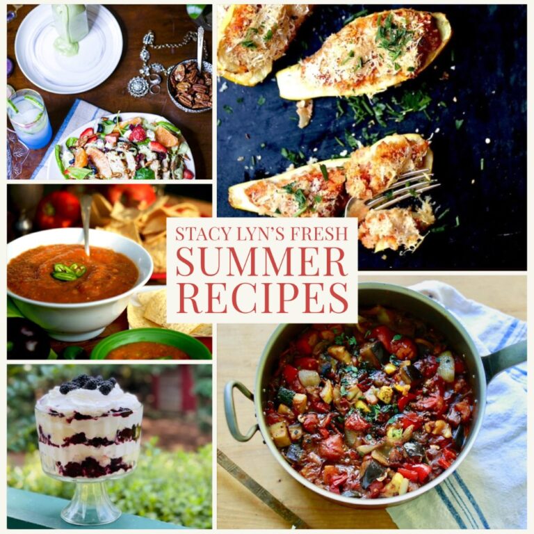 montage of Stacy Lyn's 25 best garden fresh summer recipes, including tomato salsa, ratatouille, and squash boats