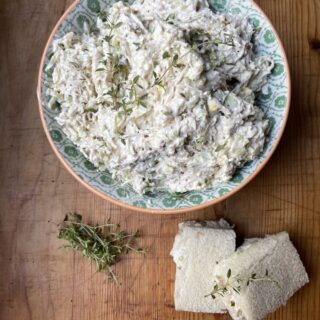 homemade chicken salad in bowl, made from Stacy Lyn's classic recipe