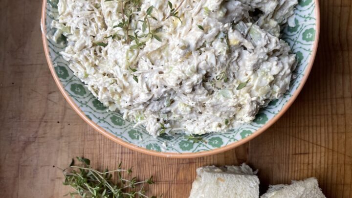 homemade chicken salad in bowl, made from Stacy Lyn's classic recipe