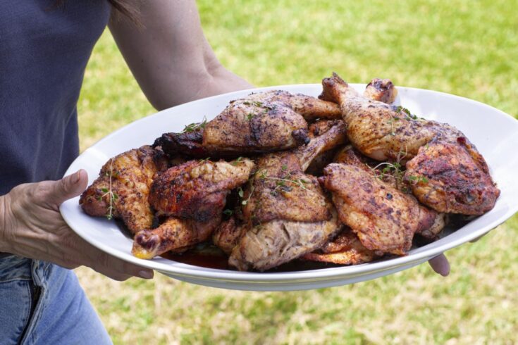 smoked bbq chicken platter carried by Stacy Lyn outdoors