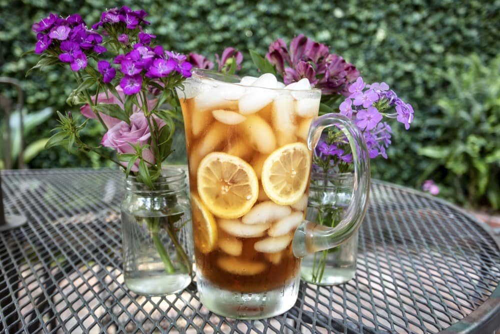 glass pitcher of iced sweet tea