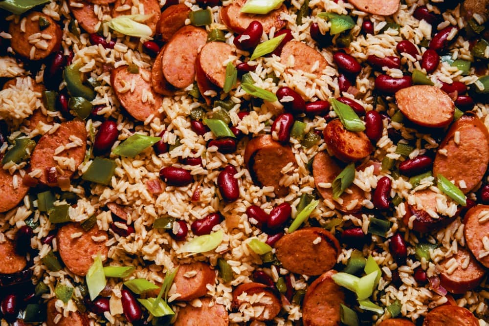 closeup of red beans and rice with sausage