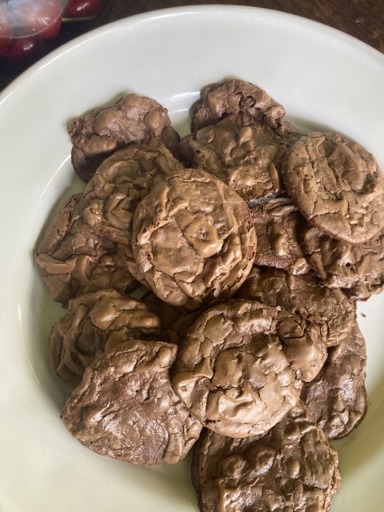 closeup of freshly baked brownie cookies on white plate