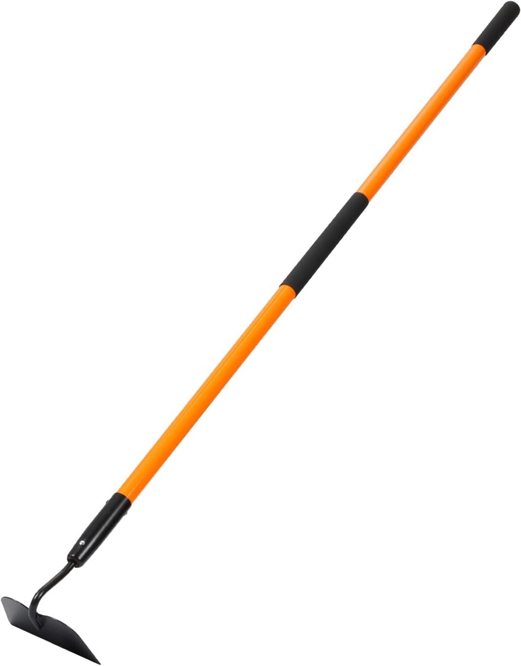 orange and black striped garden hoe