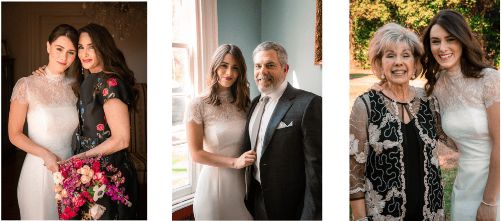 montage of three wedding photos: Stacy Lyn with the bride, bridge with her dad, bride with relative