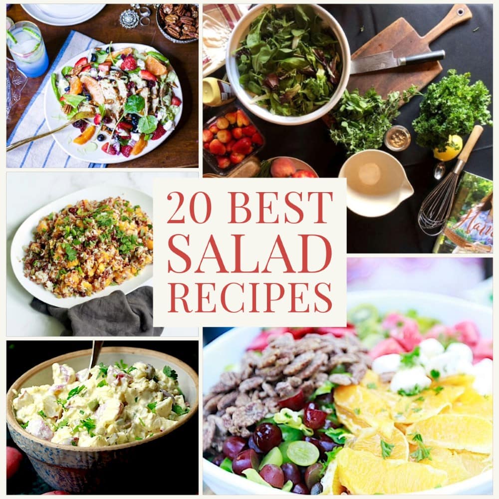 montage of Best Salad Recipes including wild greens, chopped salad with fruit, rice and butternut squash, power salad with chicken, and potato salad