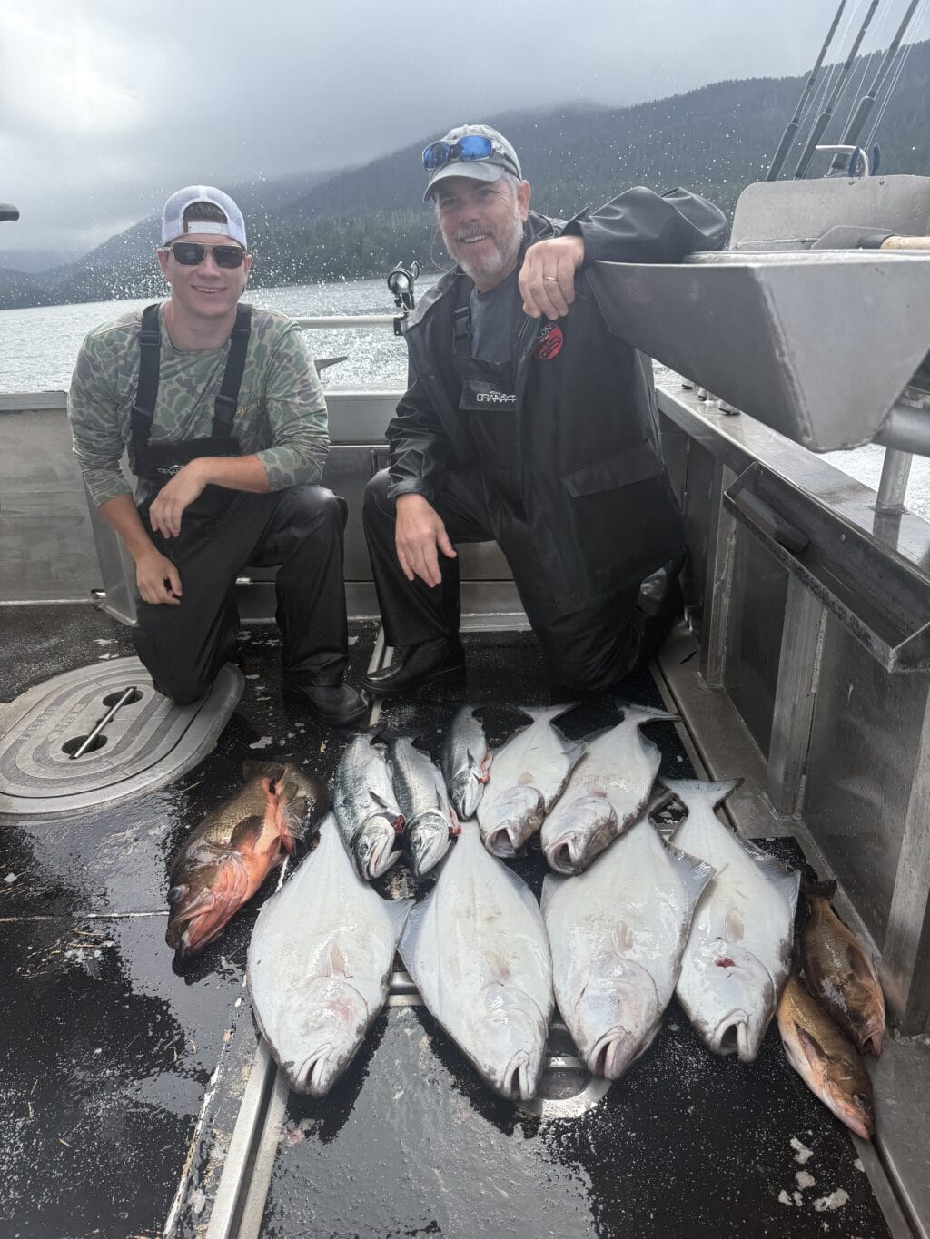 Scott and Howlett with halibut catch on a Sitka Alaska fishing charter