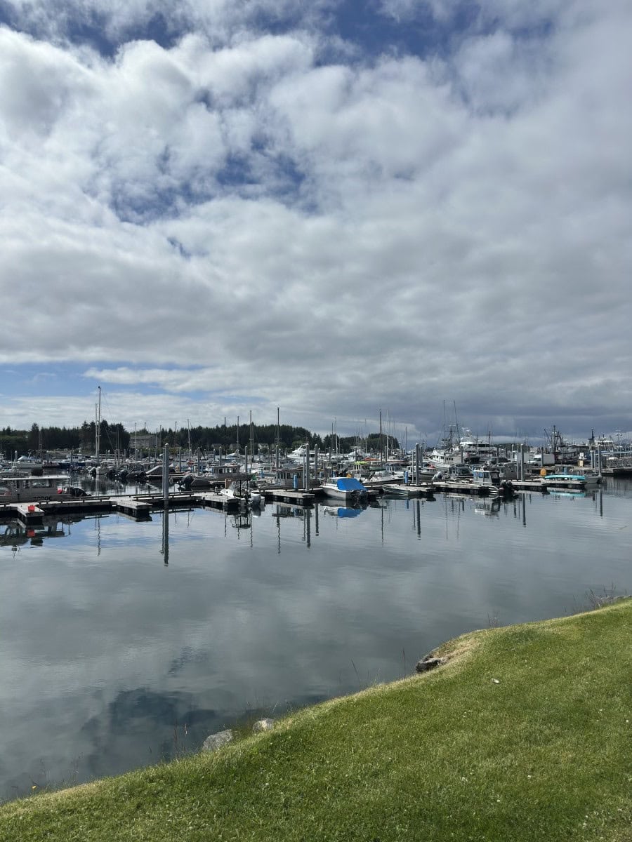 Sitka Alaska harbor at sunrise with fishing boats