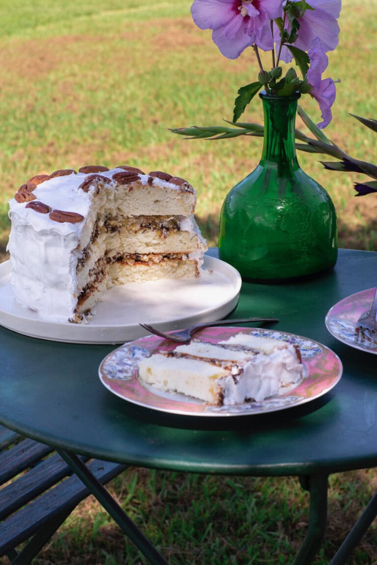 Alabama Lane Cake, a rich 3-layer cake with white icing, set on outdoor table with a wedge cut out and a serving on pink plate