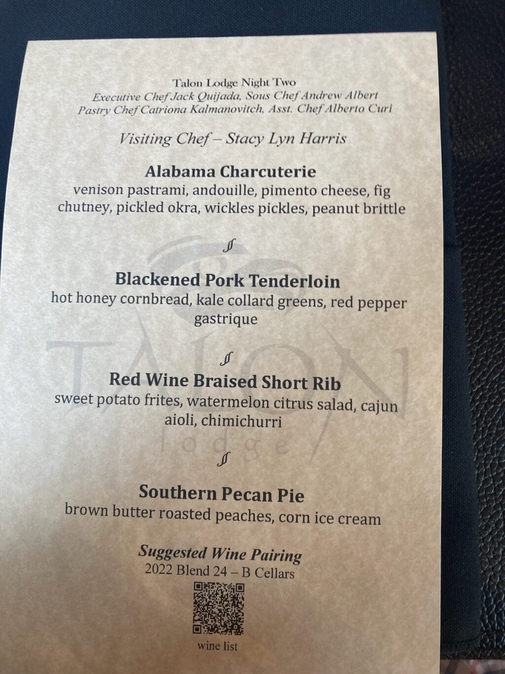 First night's dinner menu at Talon Lodge in Sitka, Alaska