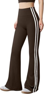 black yoga leggings with side stripe and flared bottoms
